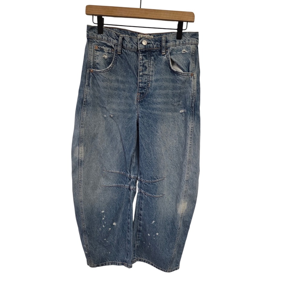 Free People We The Free Good Luck Mid-Rise Barrel Jeans Blue Denim 27 Distressed - Picture 2 of 7